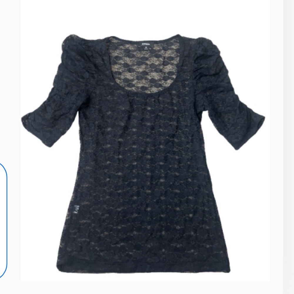 Express Black Lace Cinched Puff Short Sleeves Blouse Top - Picture 3 of 9